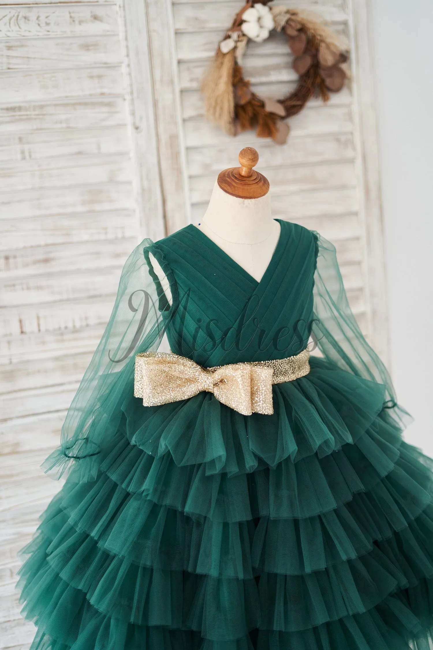 Long Sleeves Green Tulle Cupcake Wedding Flower Girl Dress Kids Tutu Party Dress