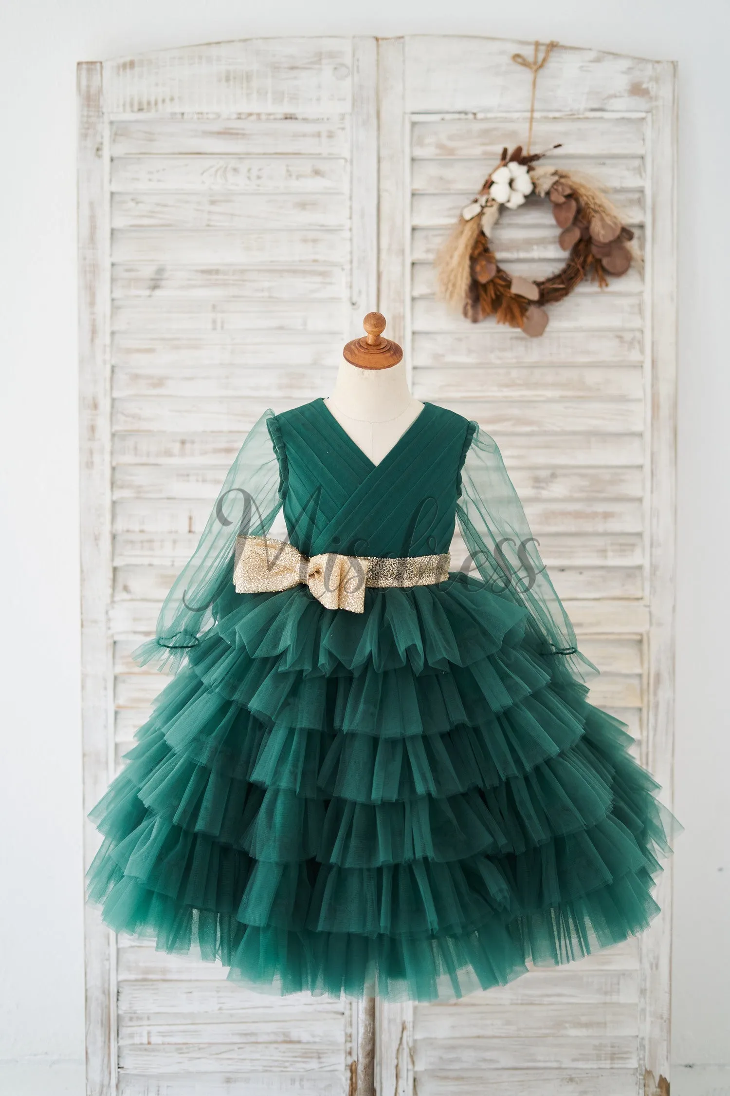 Long Sleeves Green Tulle Cupcake Wedding Flower Girl Dress Kids Tutu Party Dress