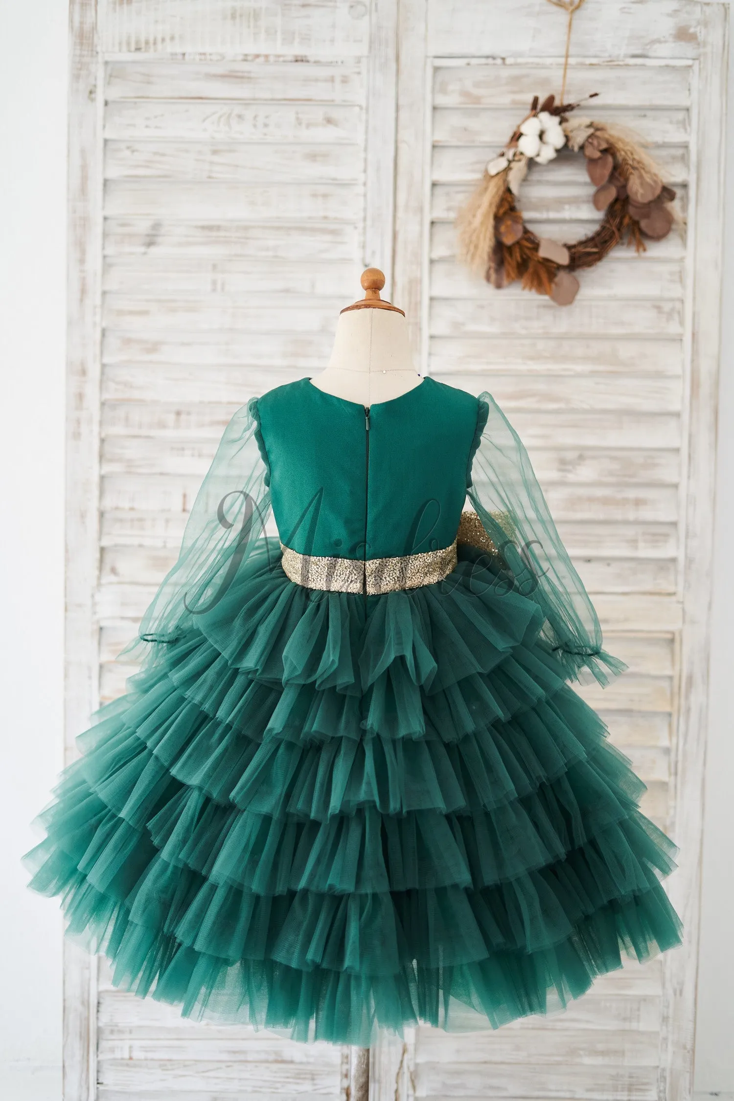 Long Sleeves Green Tulle Cupcake Wedding Flower Girl Dress Kids Tutu Party Dress