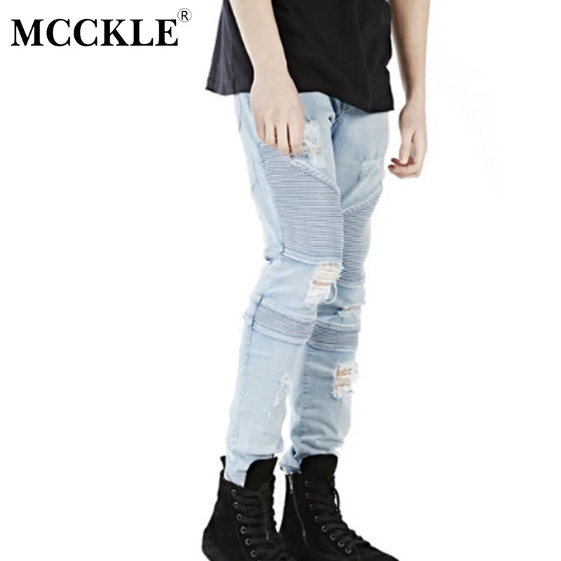 MCCKLE Hi-Street Mens Ripped Rider Biker Jeans Motorcycle Slim Fit Washed Black Grey Blue Moto Denim Pants Joggers  Skinny Men