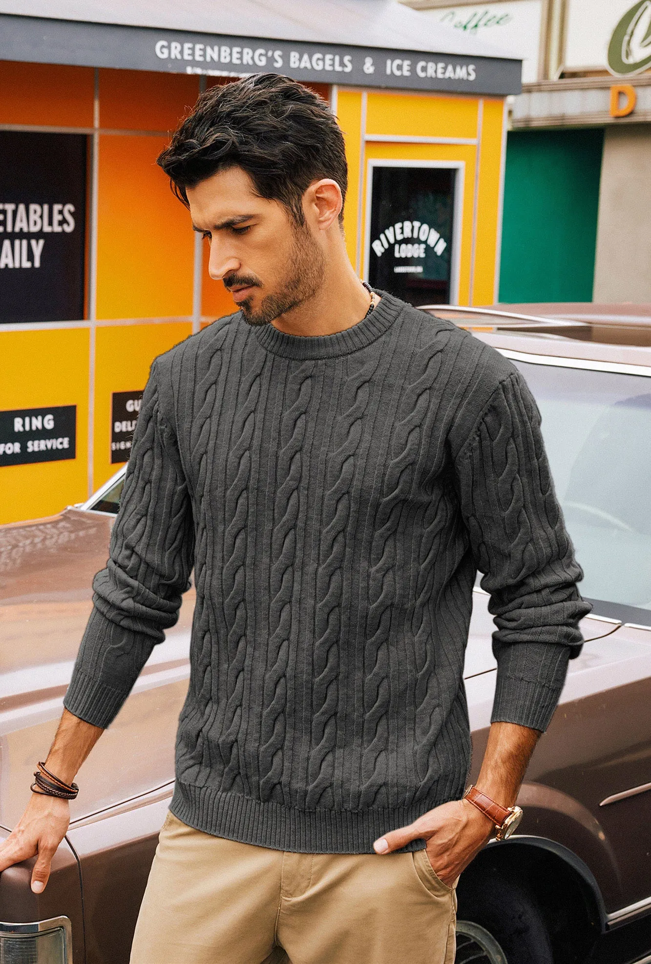 Men Cable Knitted Sweater Long Sleeve Crew Neck Ribbed Cuff Pullover