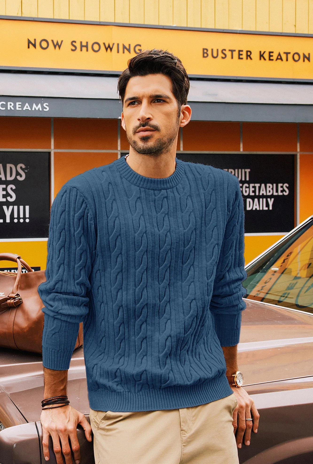 Men Cable Knitted Sweater Long Sleeve Crew Neck Ribbed Cuff Pullover