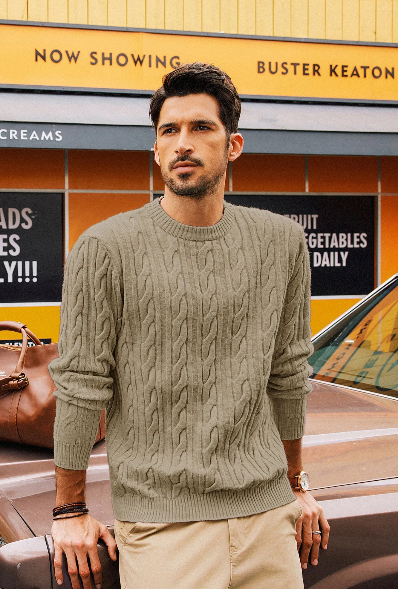 Men Cable Knitted Sweater Long Sleeve Crew Neck Ribbed Cuff Pullover