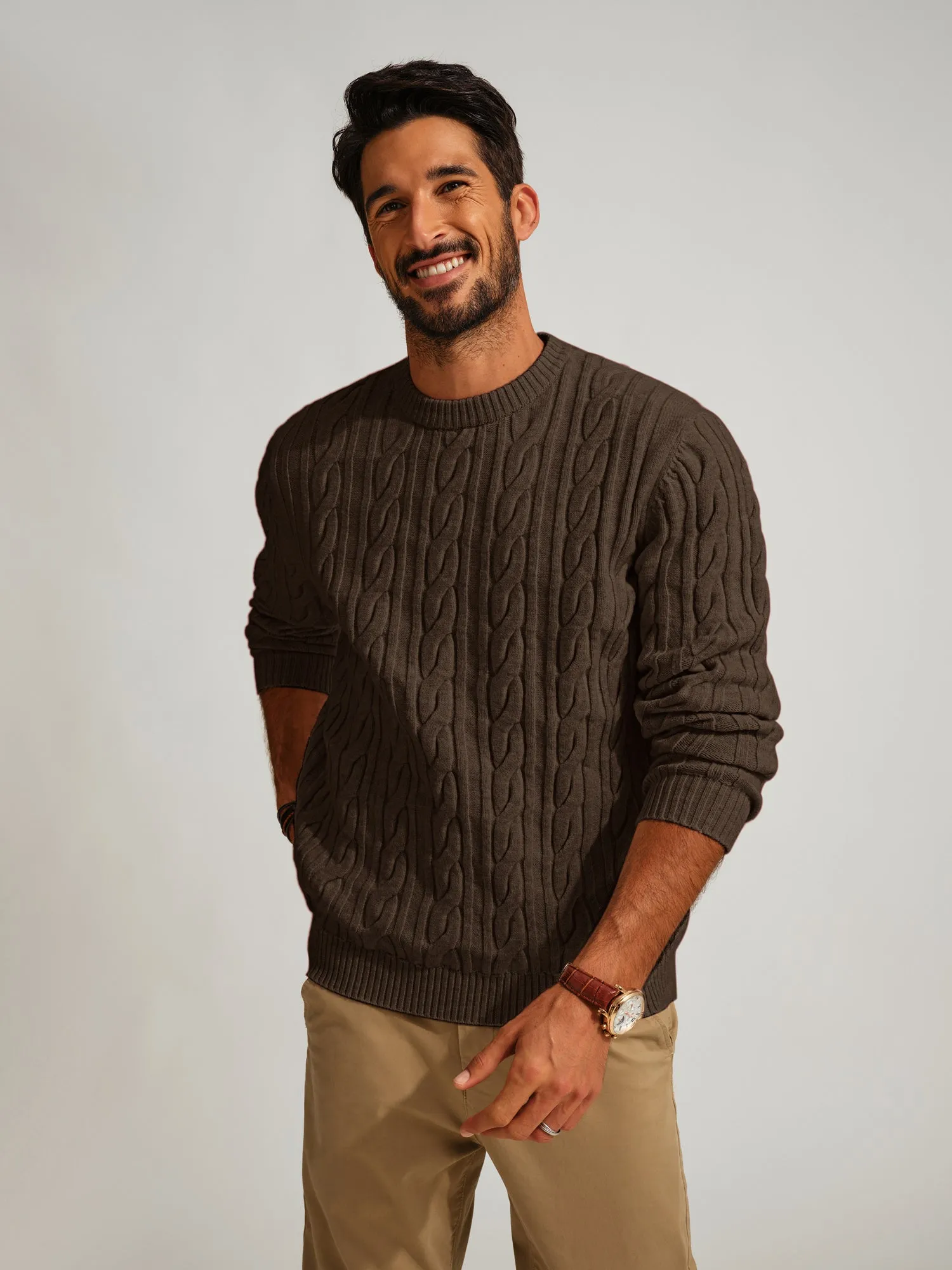 Men Cable Knitted Sweater Long Sleeve Crew Neck Ribbed Cuff Pullover