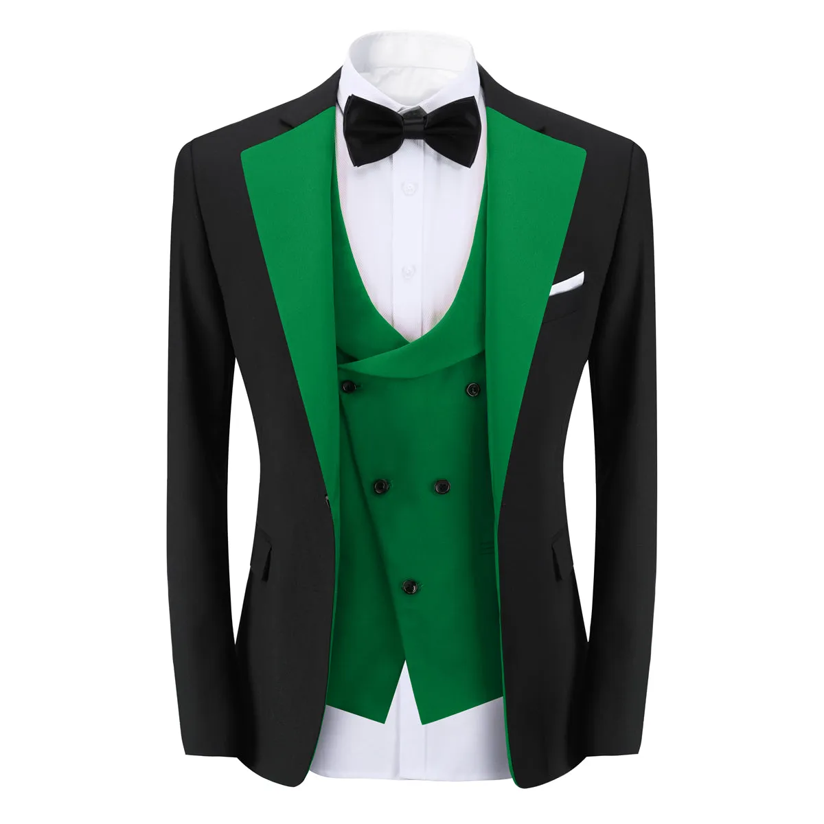 Men's 3-Piece Fashion One Button Color-Blocking Suit Green