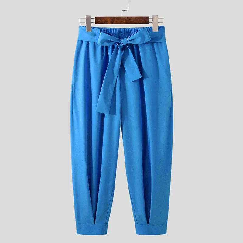 Men's Baggy Pants Casual Streetwear Belt High Quality Pure Color Joggers Fashion Harem Pants