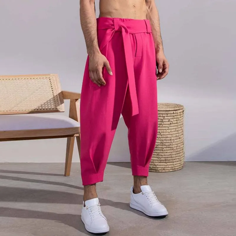 Men's Baggy Pants Casual Streetwear Belt High Quality Pure Color Joggers Fashion Harem Pants