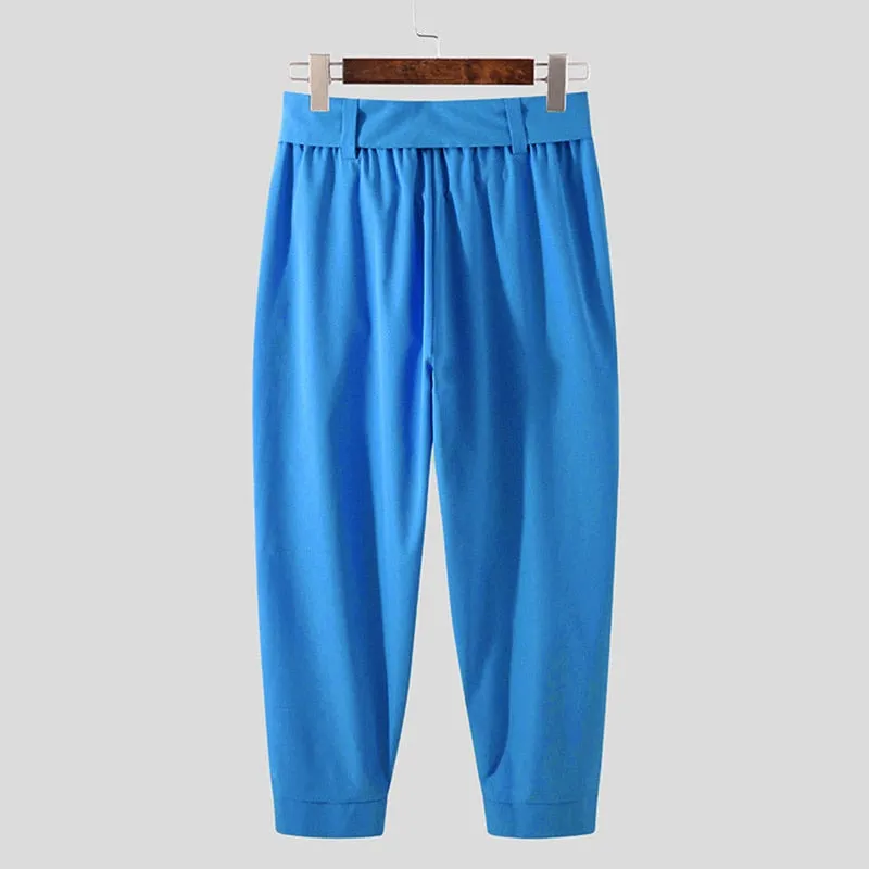 Men's Baggy Pants Casual Streetwear Belt High Quality Pure Color Joggers Fashion Harem Pants