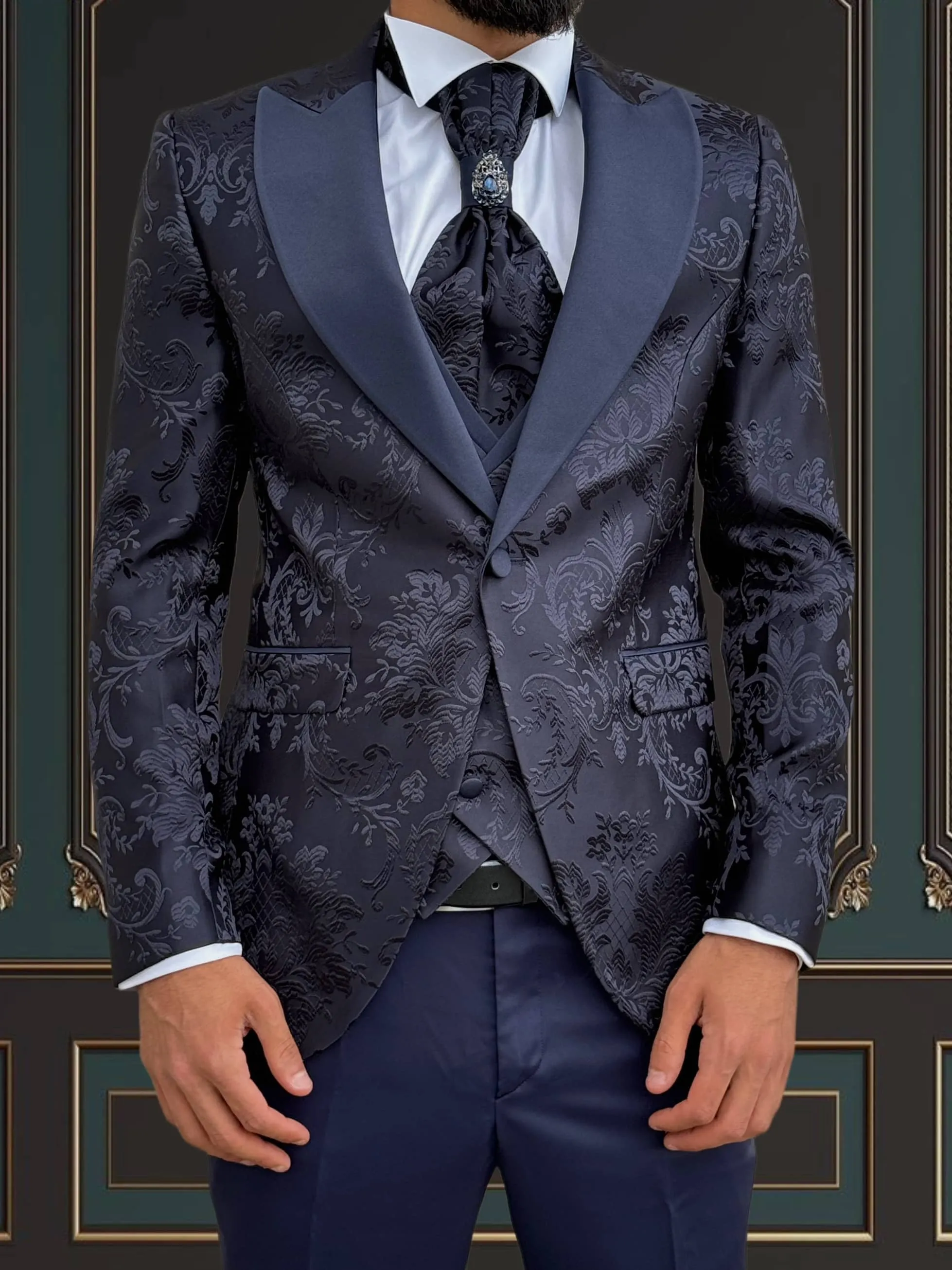 Men's Navy Blue Floral Design Tuxedo with Peak Lapel | Stunning Formal Wear