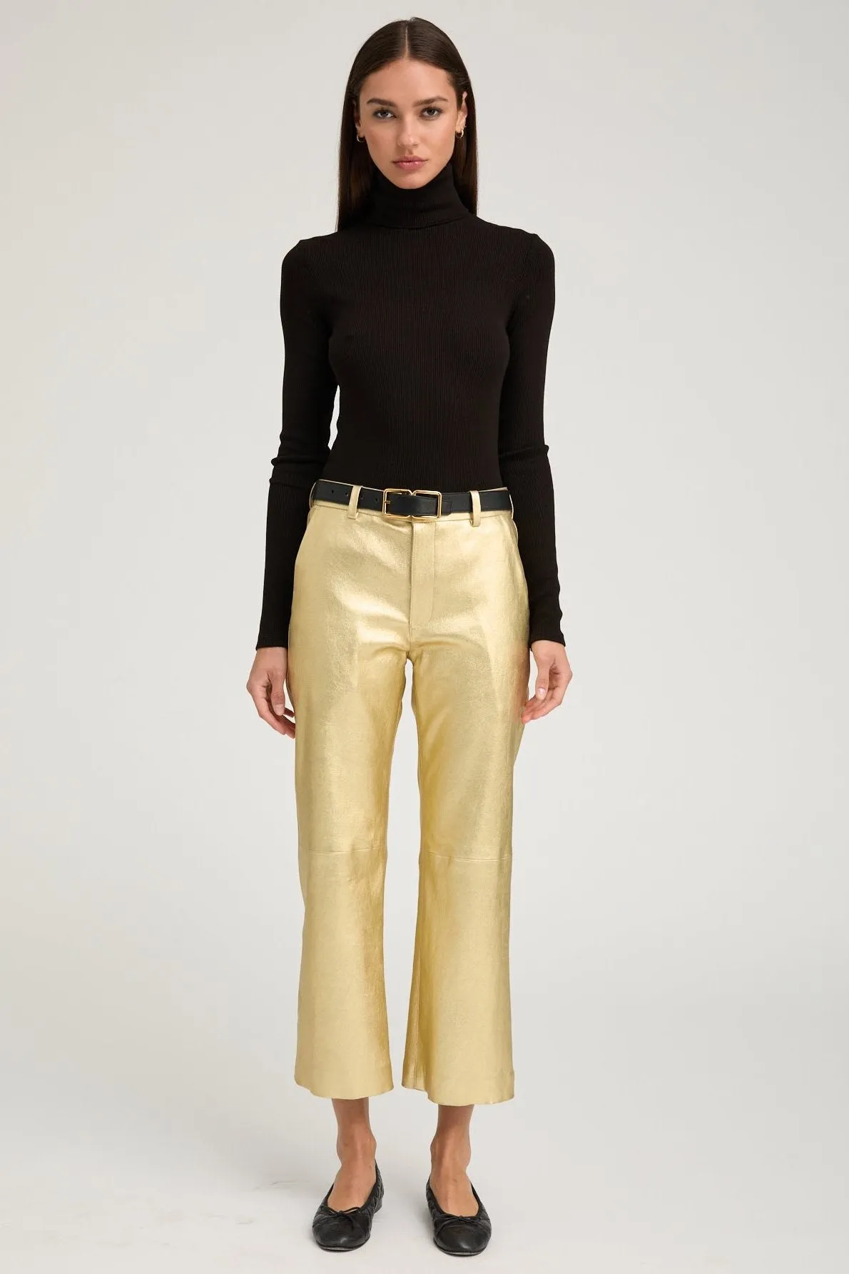 Metallic Gold Leather Cropped Trousers