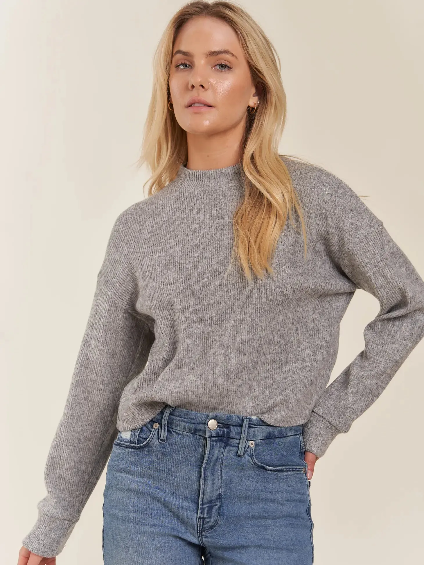 Mock Neck Hi-Low Crop Top Sweater - Grey (READY TO SHIP)