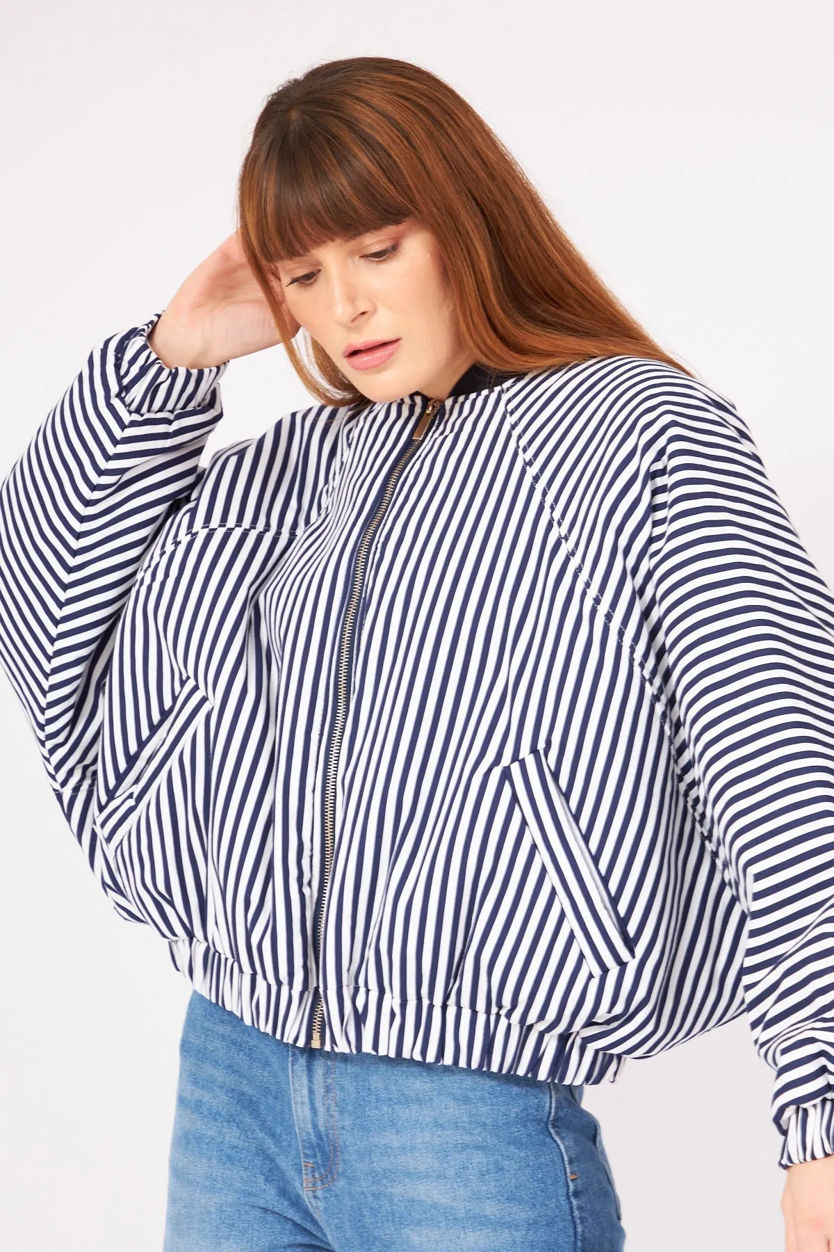 Navy Blue Striped Bomber Jacket