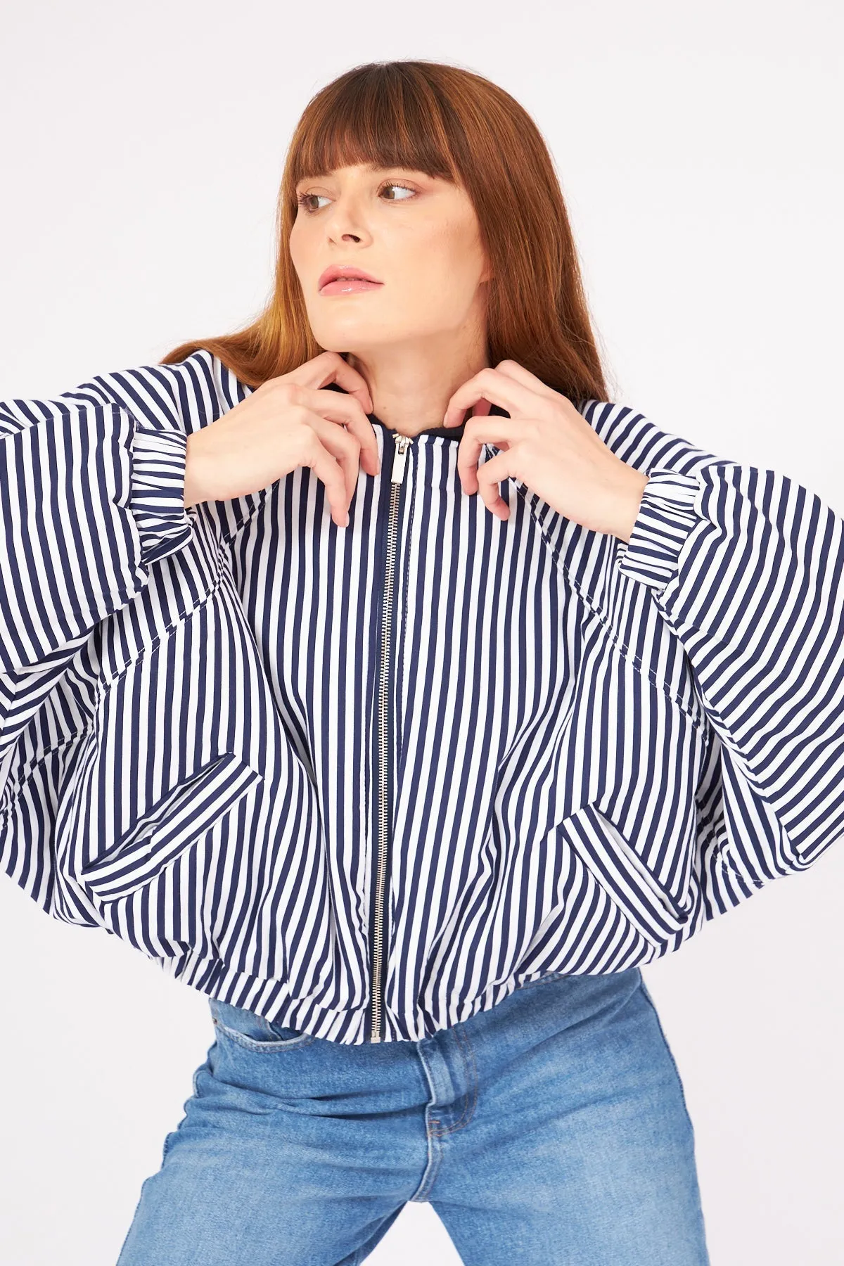 Navy Blue Striped Bomber Jacket