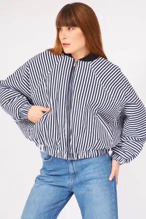 Navy Blue Striped Bomber Jacket