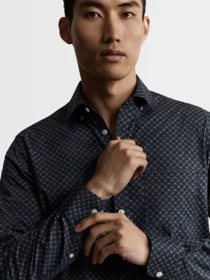 Navy Printed Poplin Slim Fit Casual Shirt