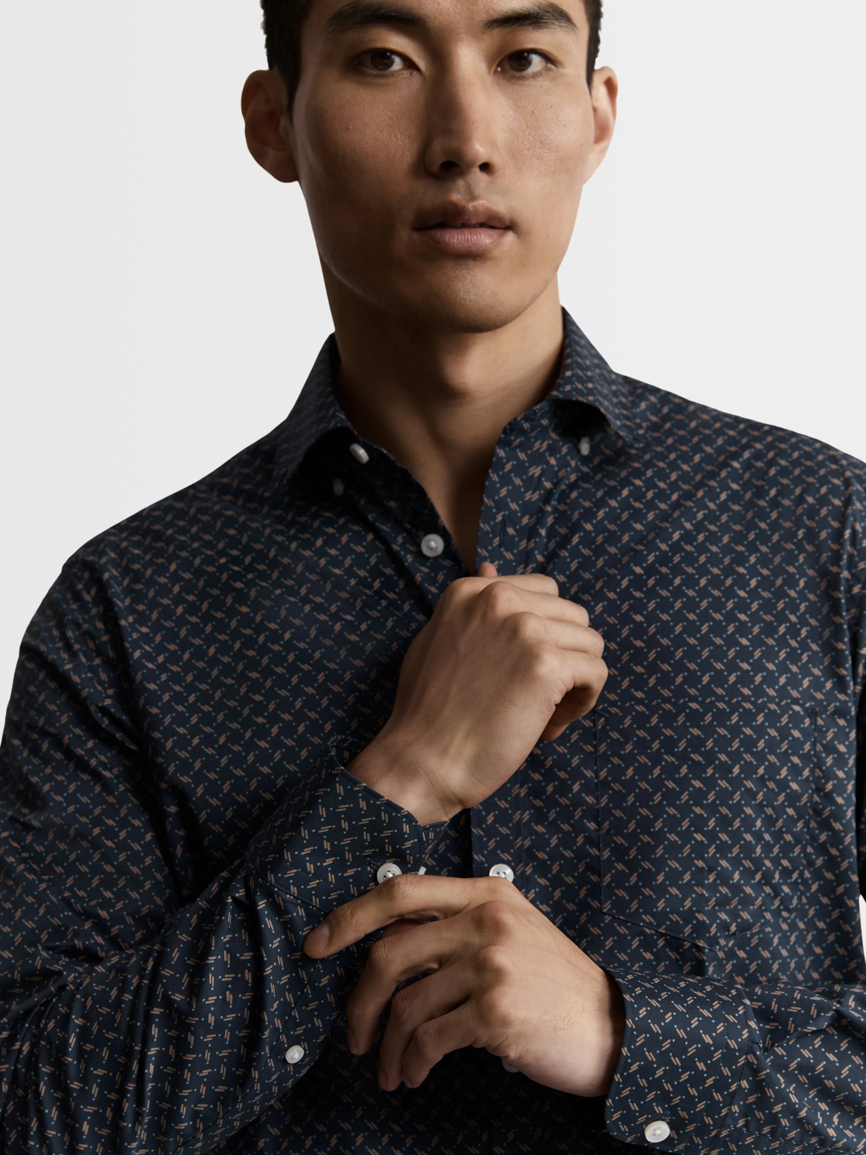 Navy Printed Poplin Slim Fit Casual Shirt