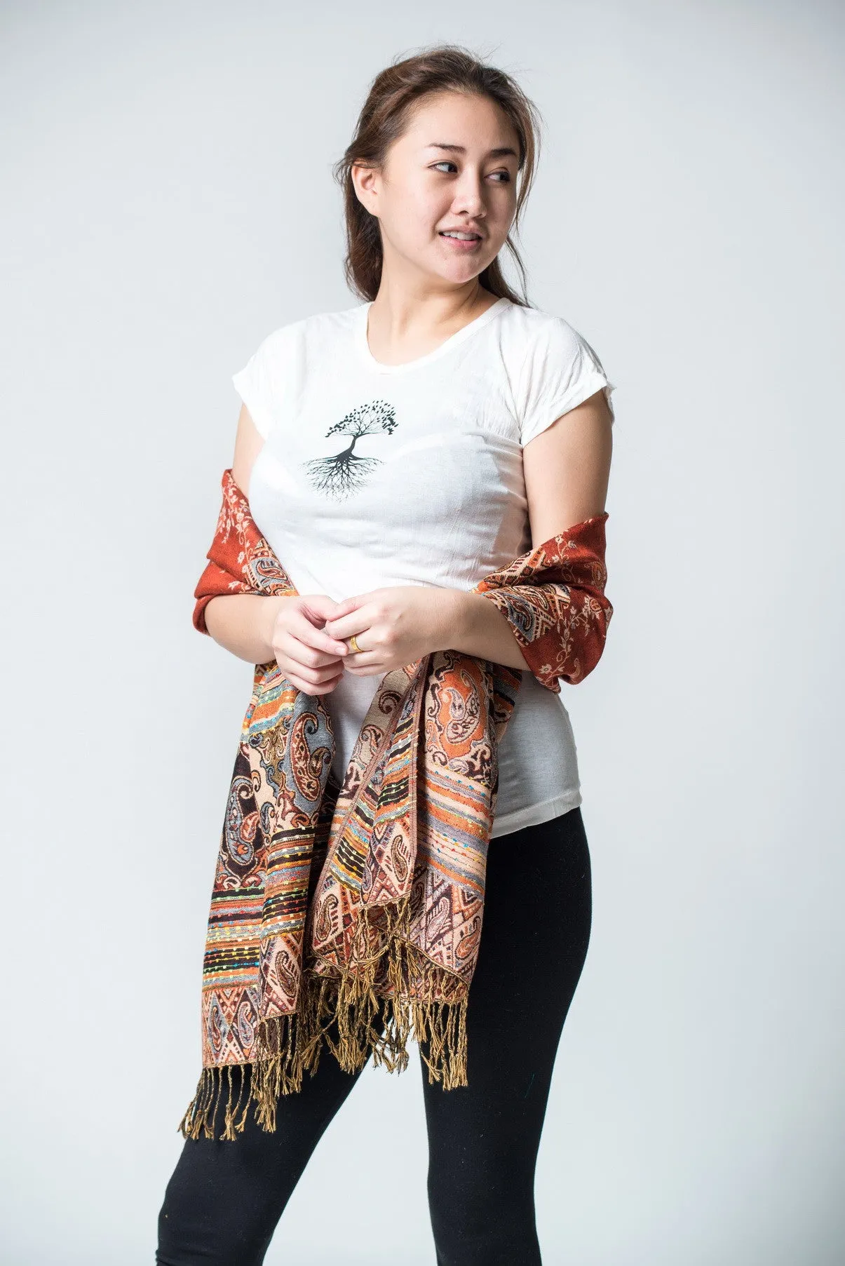 Nepal Floral Paisley Pashmina Shawl Scarf in Orange