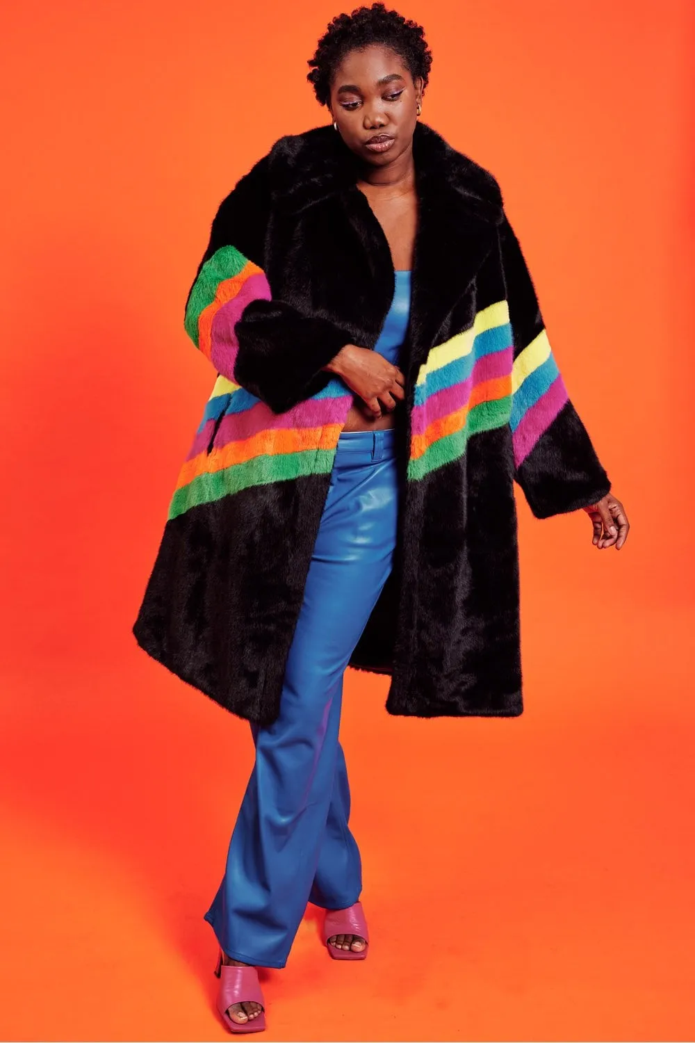 Nyx Faux Fur Rainbow Stripe Coat