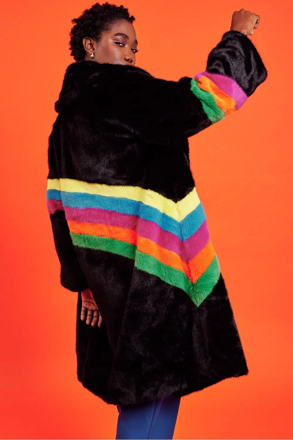 Nyx Faux Fur Rainbow Stripe Coat