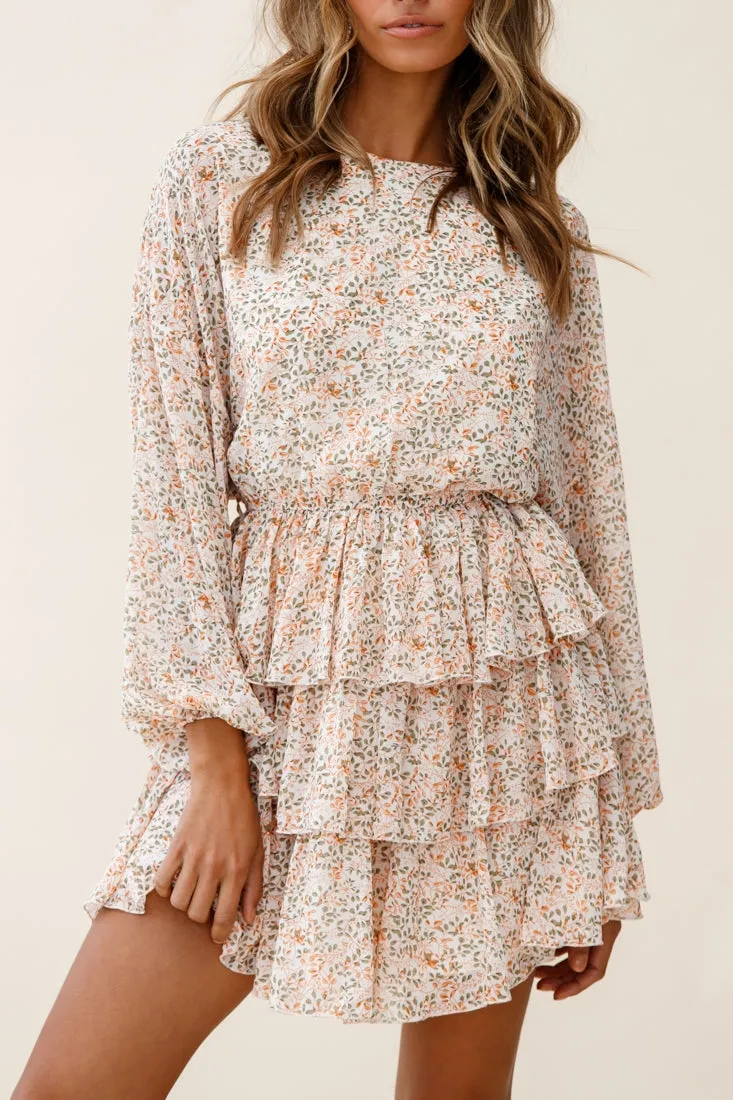 Odessa Long Sleeve Layered Ruffle Dress Floral Print Nude