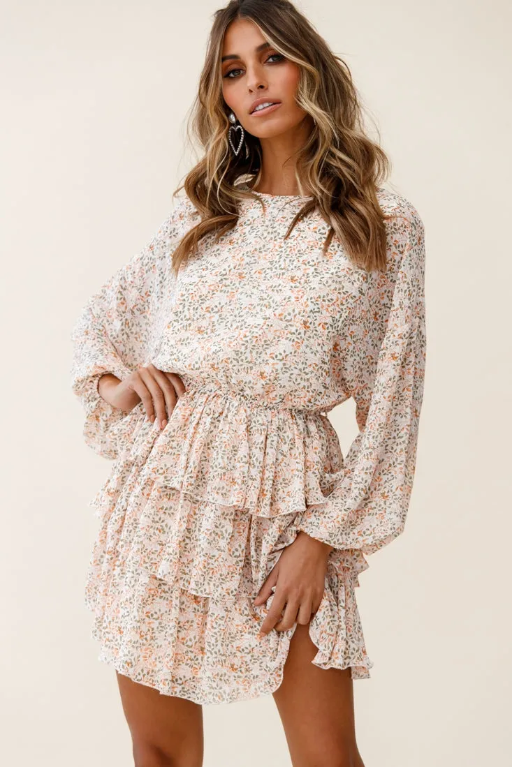 Odessa Long Sleeve Layered Ruffle Dress Floral Print Nude