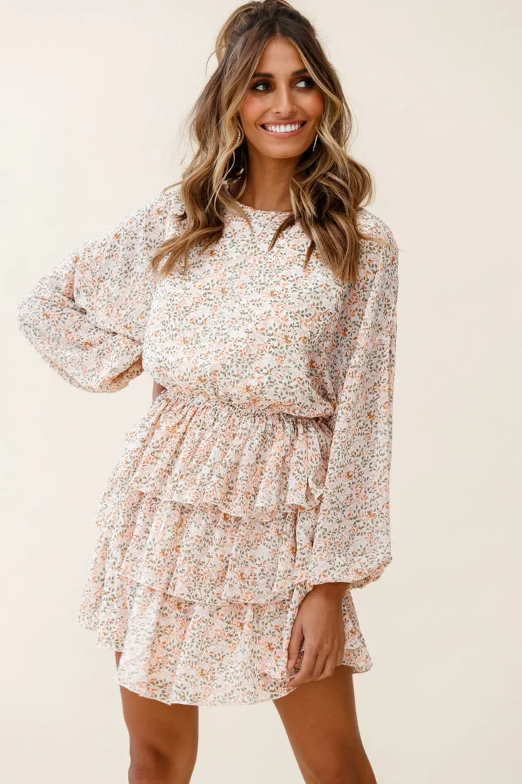 Odessa Long Sleeve Layered Ruffle Dress Floral Print Nude