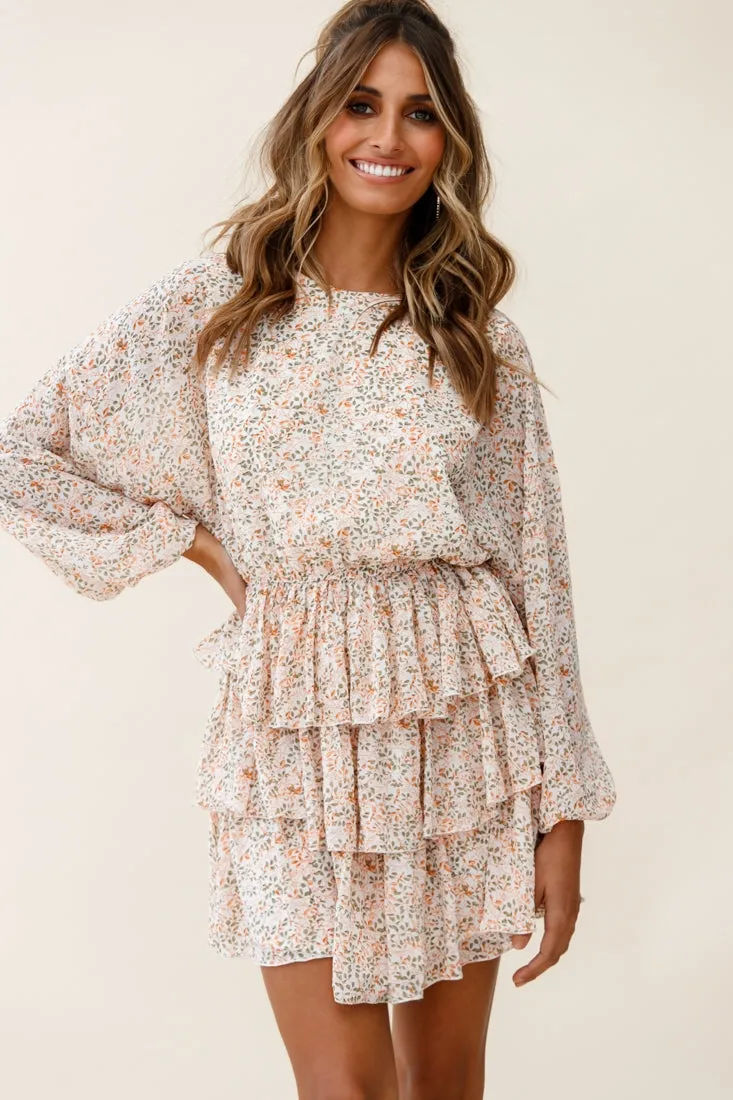 Odessa Long Sleeve Layered Ruffle Dress Floral Print Nude