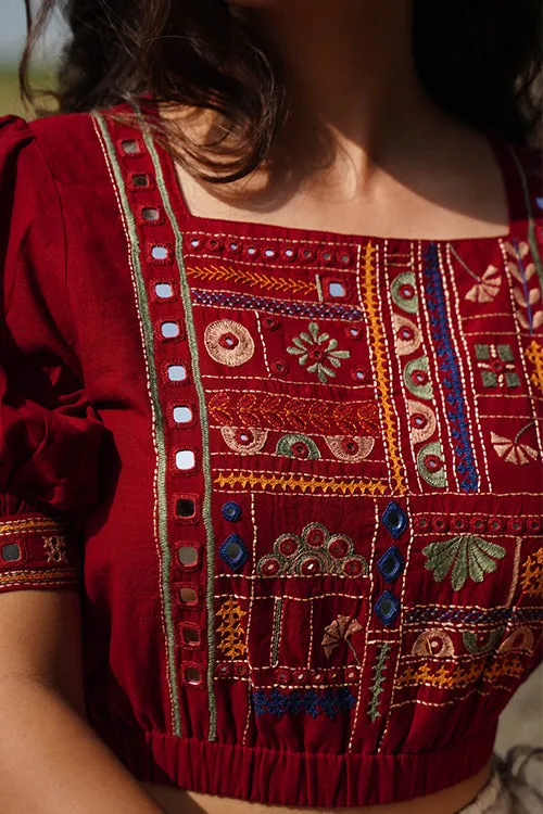 Okhai "Raas-Garba" Hand-Embroidery and Mirrorwork Brick Red Pure Cotton Blouse