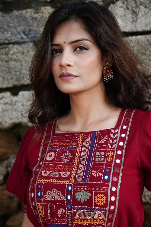 Okhai "Raas-Garba" Hand-Embroidery and Mirrorwork Brick Red Pure Cotton Blouse