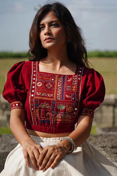 Okhai "Raas-Garba" Hand-Embroidery and Mirrorwork Brick Red Pure Cotton Blouse