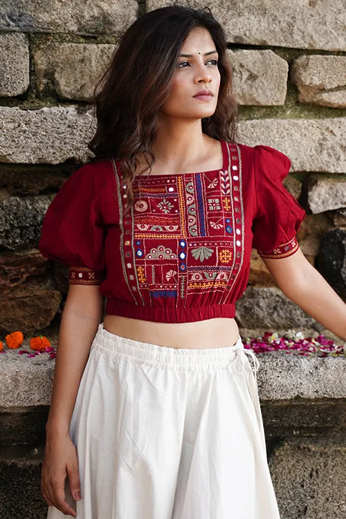 Okhai "Raas-Garba" Hand-Embroidery and Mirrorwork Brick Red Pure Cotton Blouse