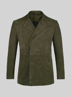 Olive Green Suede Leather Pea Coat