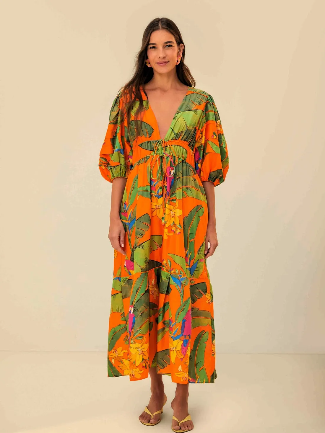 Orange Fresh Macaws Midi Dress