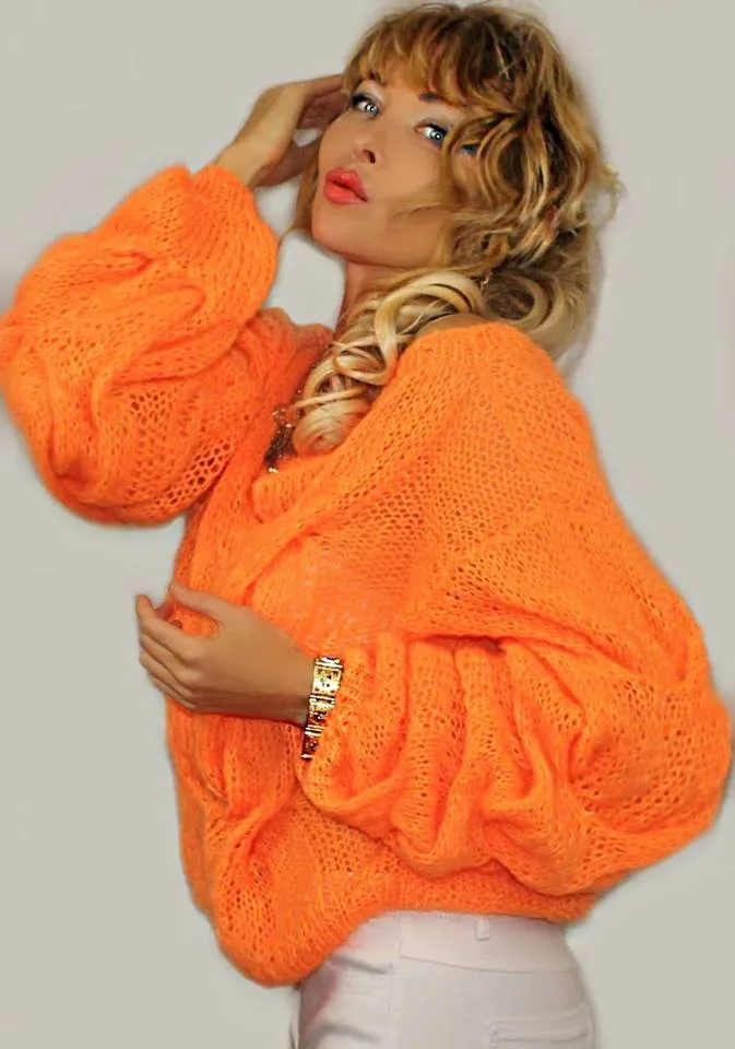 Orange Handknit Mohair Loose Knit Designer sweater