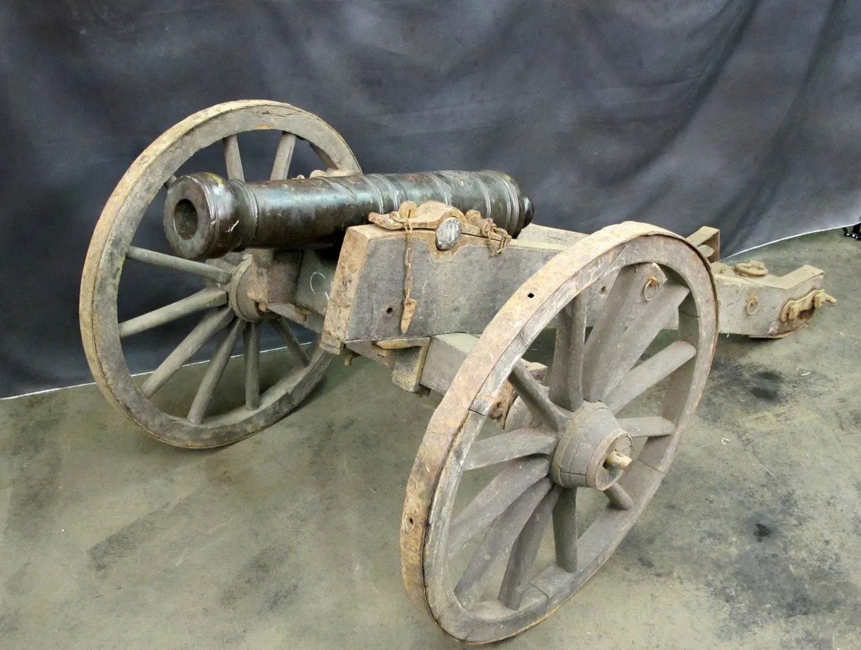 Original Antique 18th Century 4 Pounder Crested Bronze Cannon with Wood Field Carriage