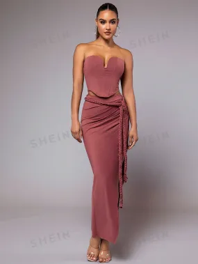 Pink Strapless Off-Shoulder Sexy Top And Twist Straps Draped Around Long Elegant Two-Piece Skirt Set