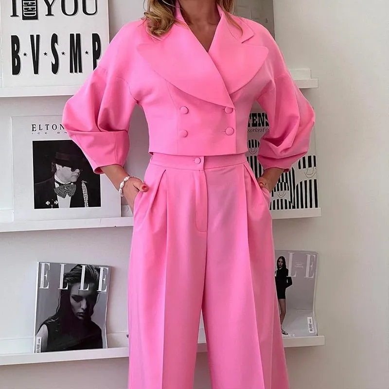 Purpdrank - High Fashion Duble-breasted Blazer Outfits Elegant Lantern Sleeve Lapel Suit Coat And Loose Wide Leg Pants Suit Women Solid Sets