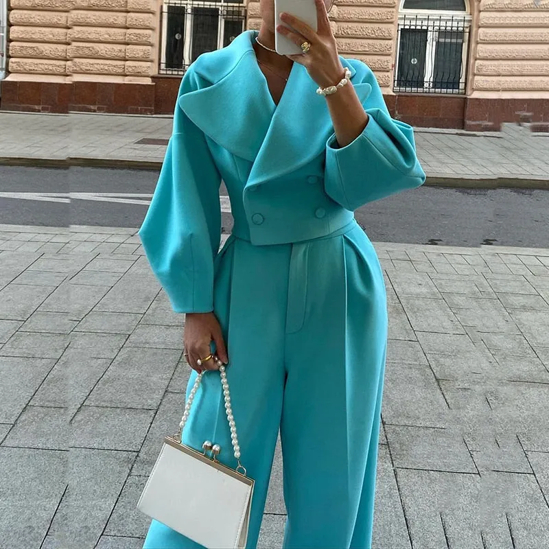 Purpdrank - High Fashion Duble-breasted Blazer Outfits Elegant Lantern Sleeve Lapel Suit Coat And Loose Wide Leg Pants Suit Women Solid Sets