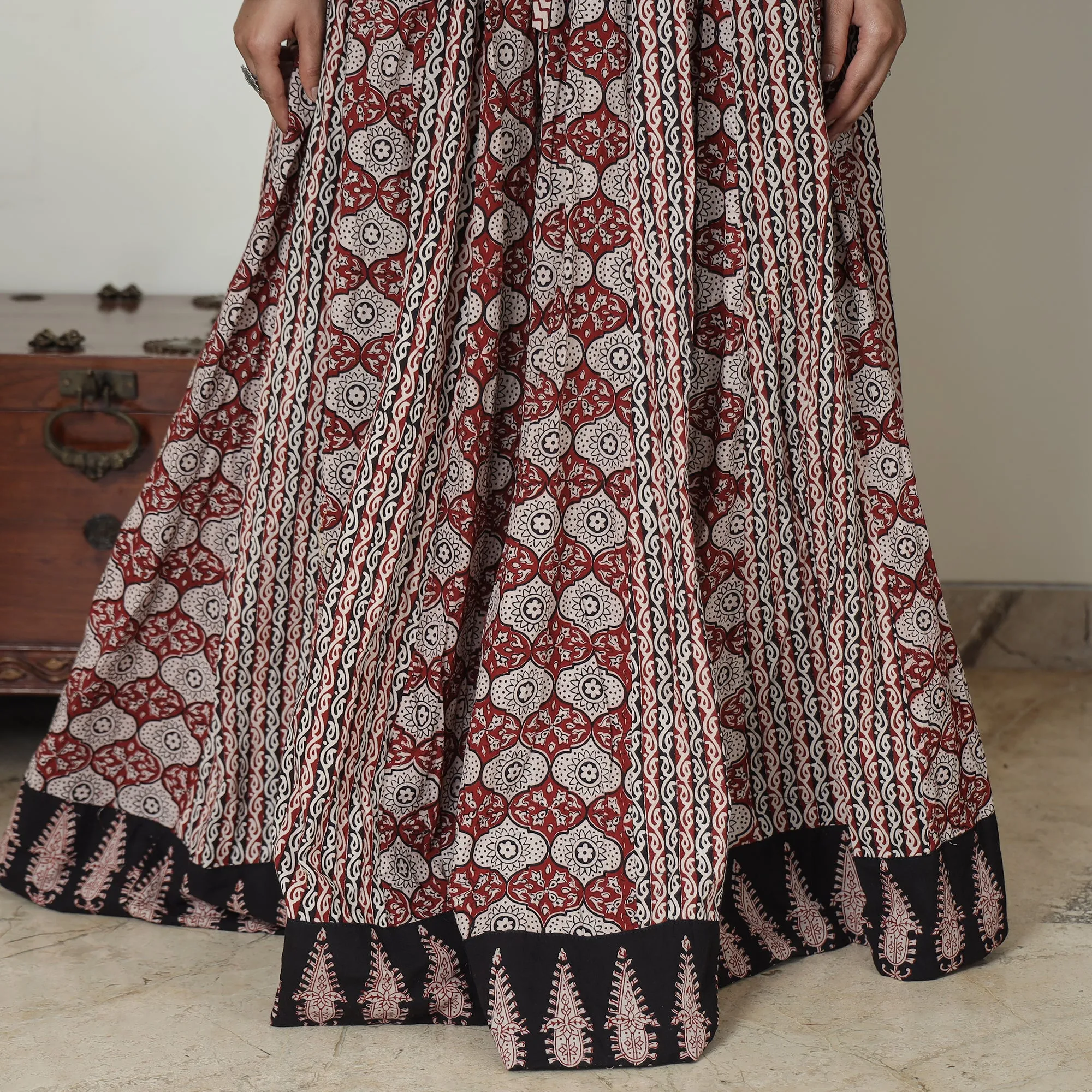 Red - Bagh Block Printed Patchwork Cotton Long Skirt