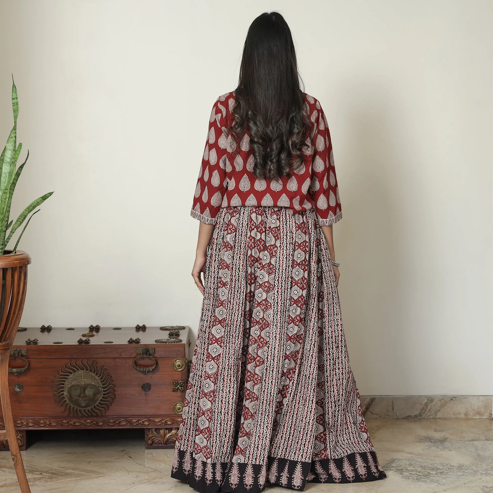 Red - Bagh Block Printed Patchwork Cotton Long Skirt