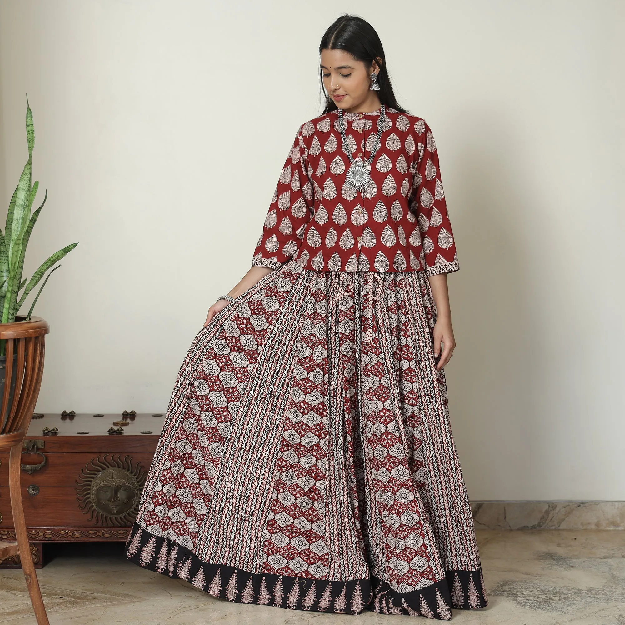 Red - Bagh Block Printed Patchwork Cotton Long Skirt