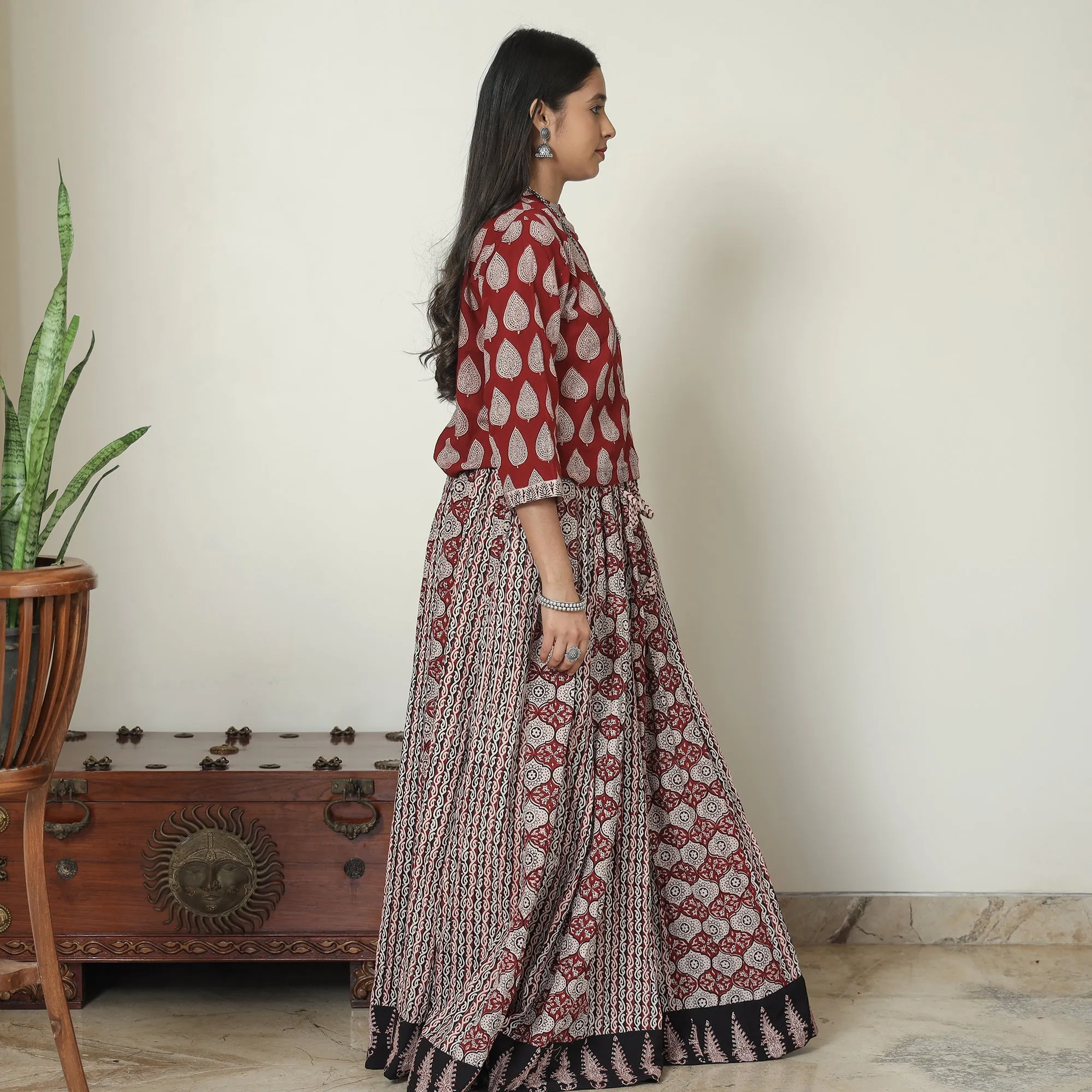 Red - Bagh Block Printed Patchwork Cotton Long Skirt