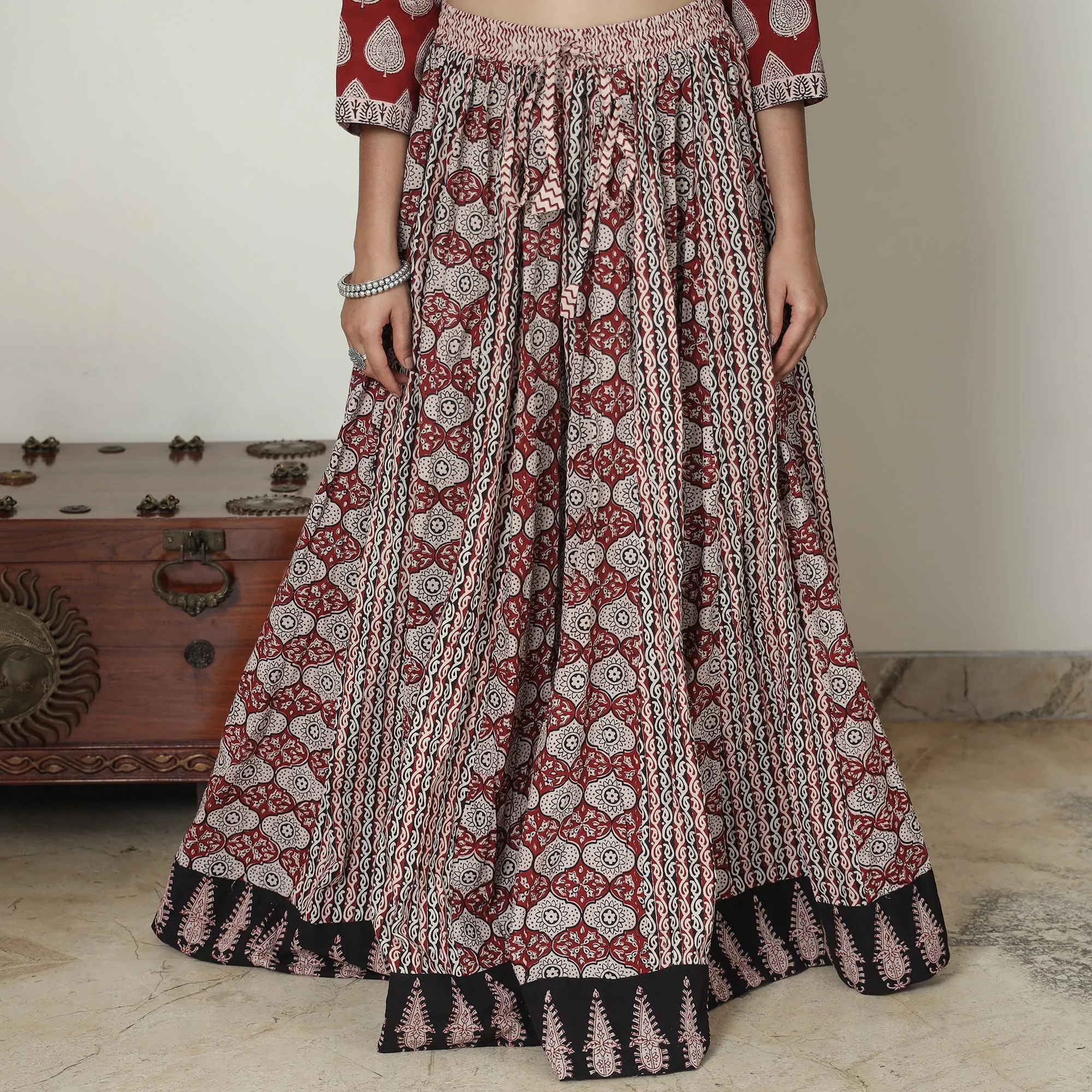 Red - Bagh Block Printed Patchwork Cotton Long Skirt