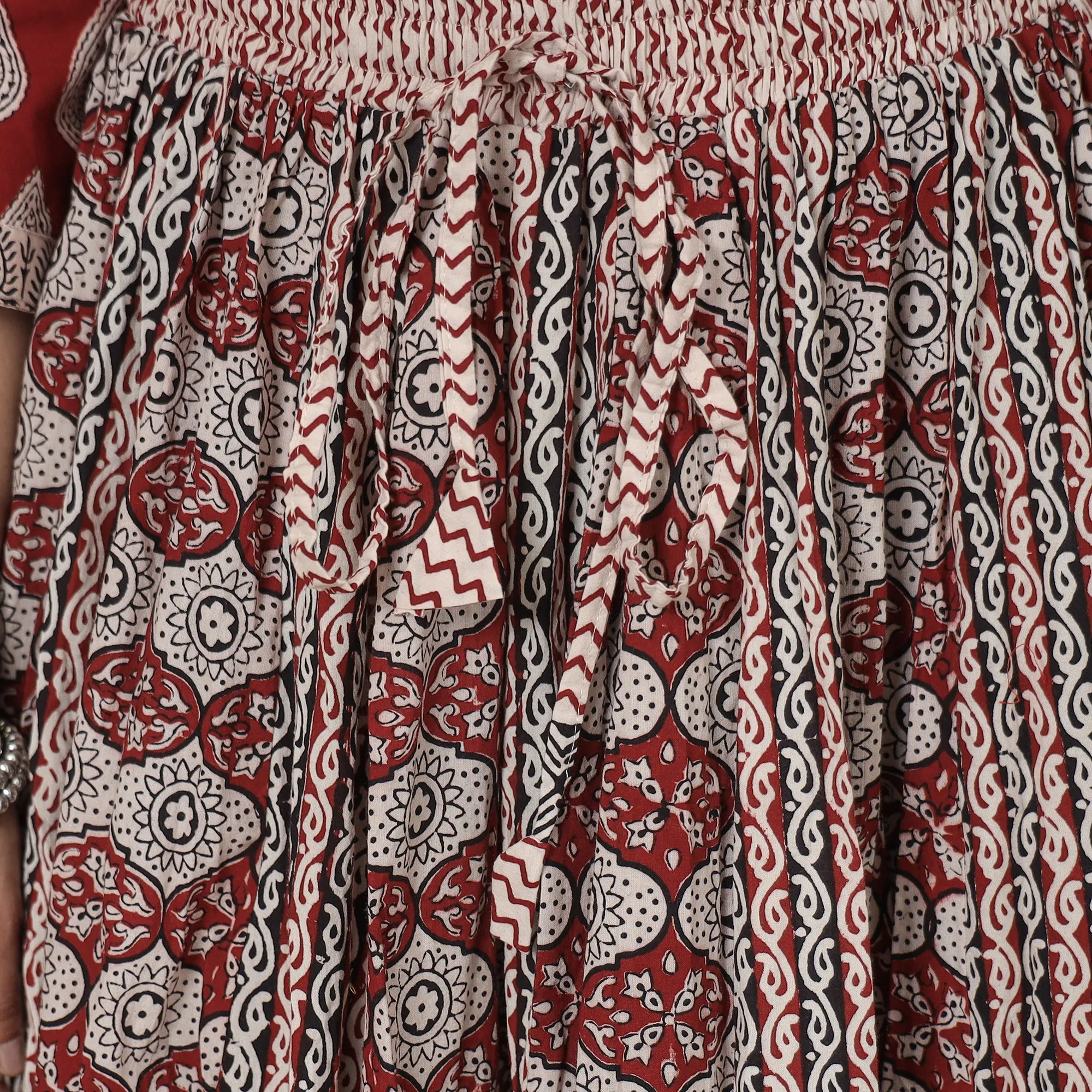 Red - Bagh Block Printed Patchwork Cotton Long Skirt