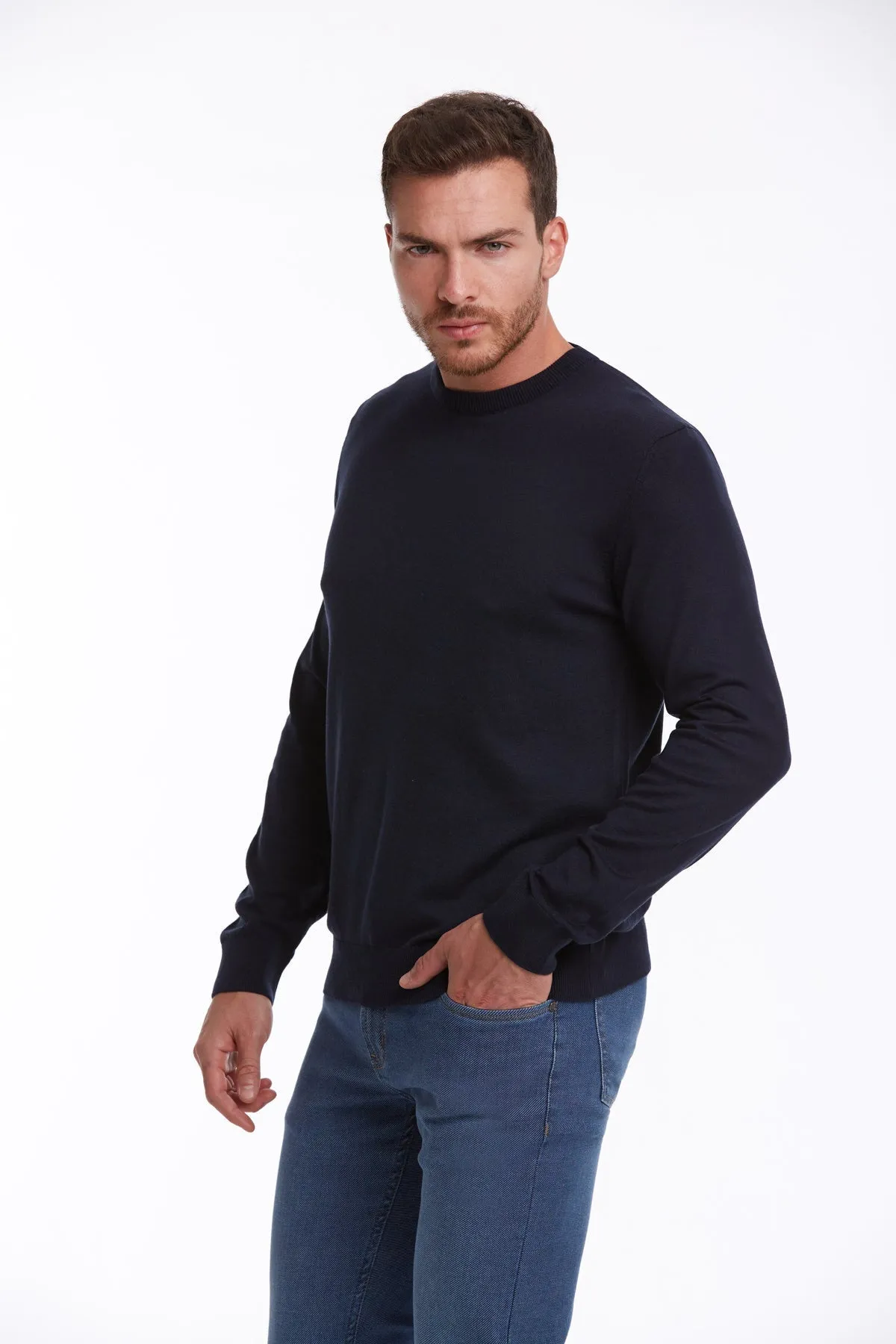 Regular Fit Cotton Navy Crewneck Sweater