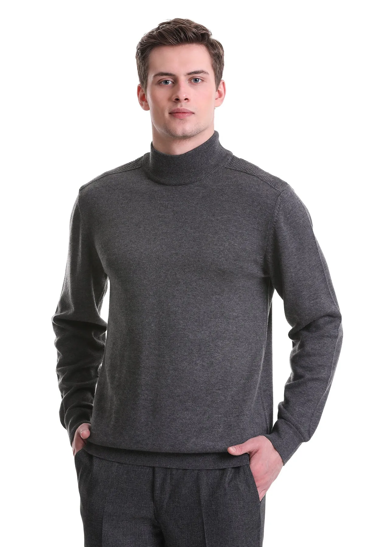 Regular Fit Dark Gray Cotton Blend Mock Neck Sweater