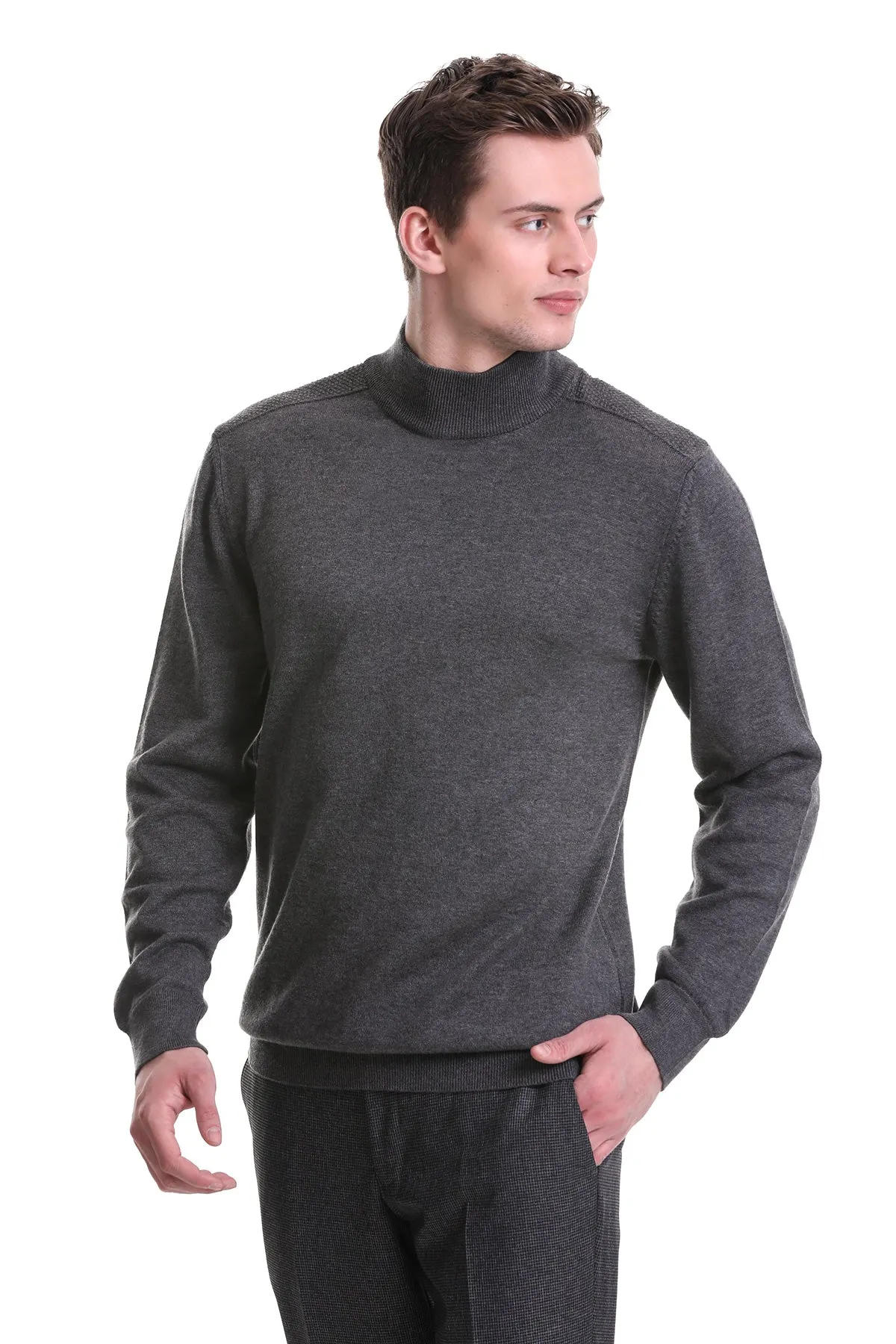 Regular Fit Dark Gray Cotton Blend Mock Neck Sweater