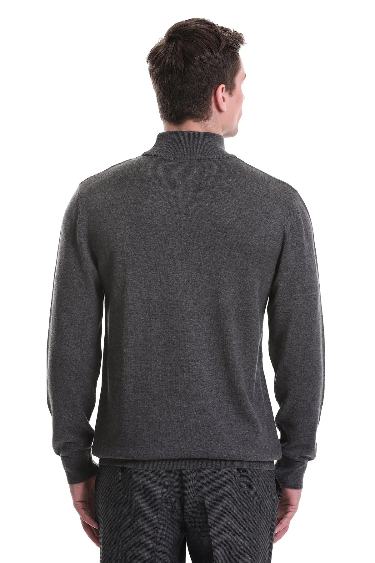 Regular Fit Dark Gray Cotton Blend Mock Neck Sweater