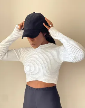 Ribbed Crop Top | Met Your Match White Ribbed Knit Crop Coord with Thumb holes