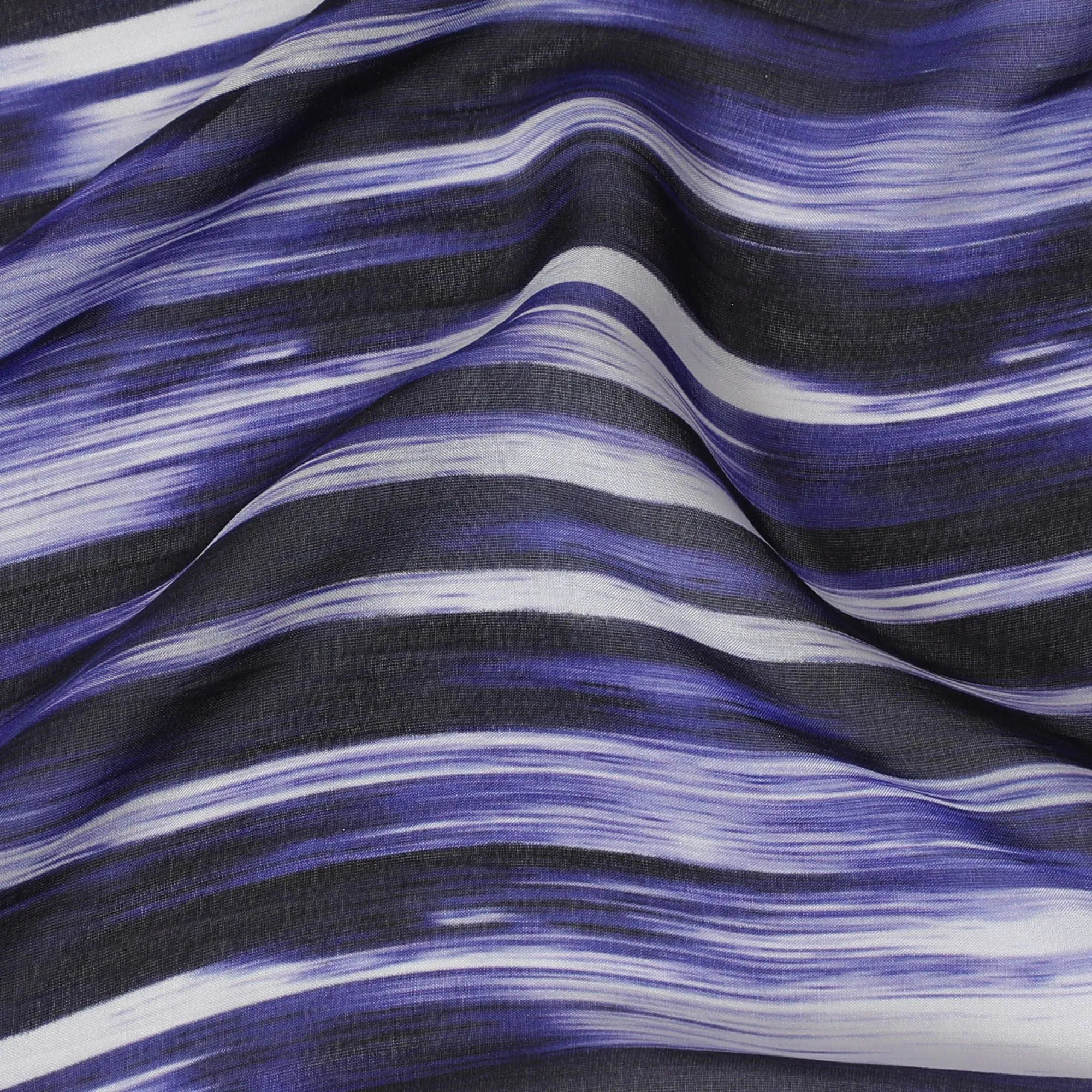 Royal blue Premium pure silk chiffon fabric with grey and black print in stripe design-D16987